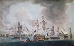 A derrota das forças combinadas da França e Espanha na batalha de Trafalgar em 1805 (gravura a cores)